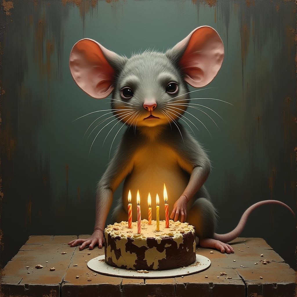 Exhausted Birthday Mouse in a Somber Atmosphere