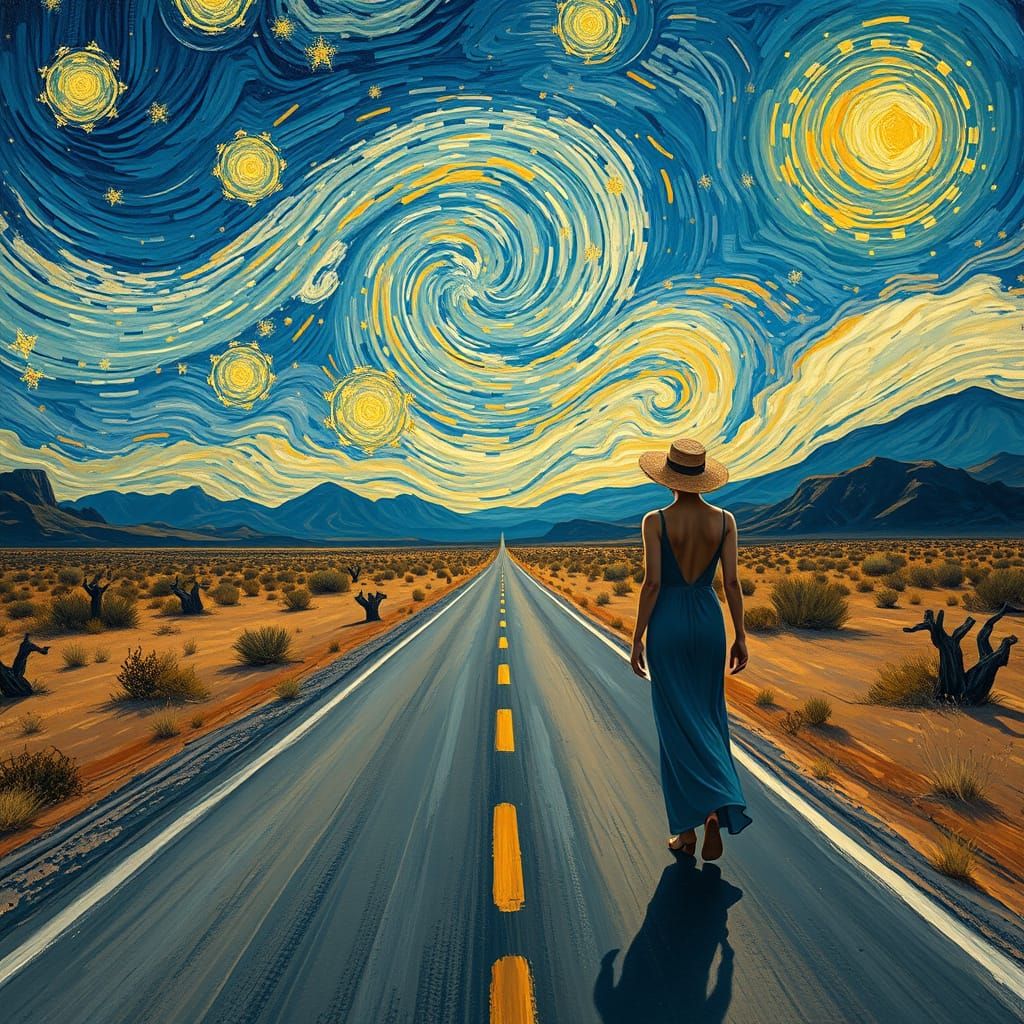 Elegant Lady in Arizona Desert, Van Gogh Style