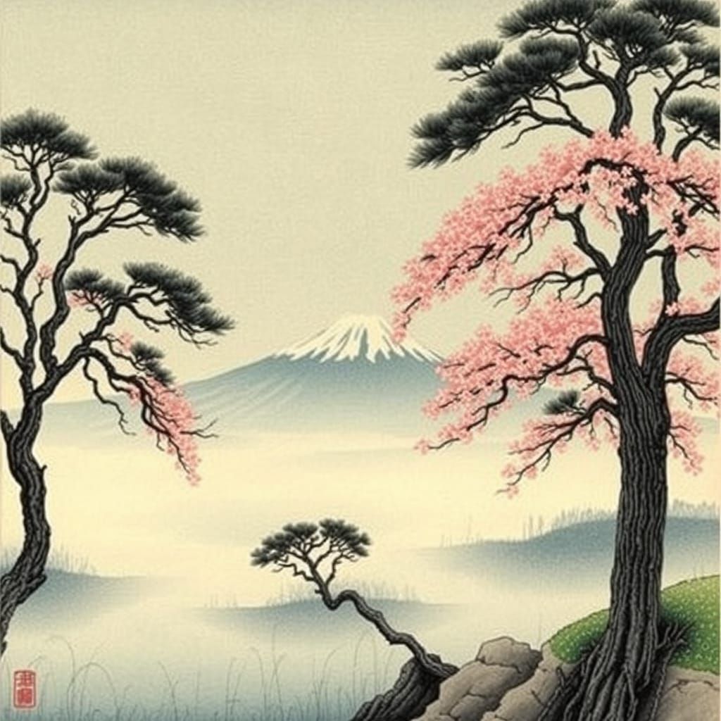 Serene Japanese Landscape in Shin Hanga Style