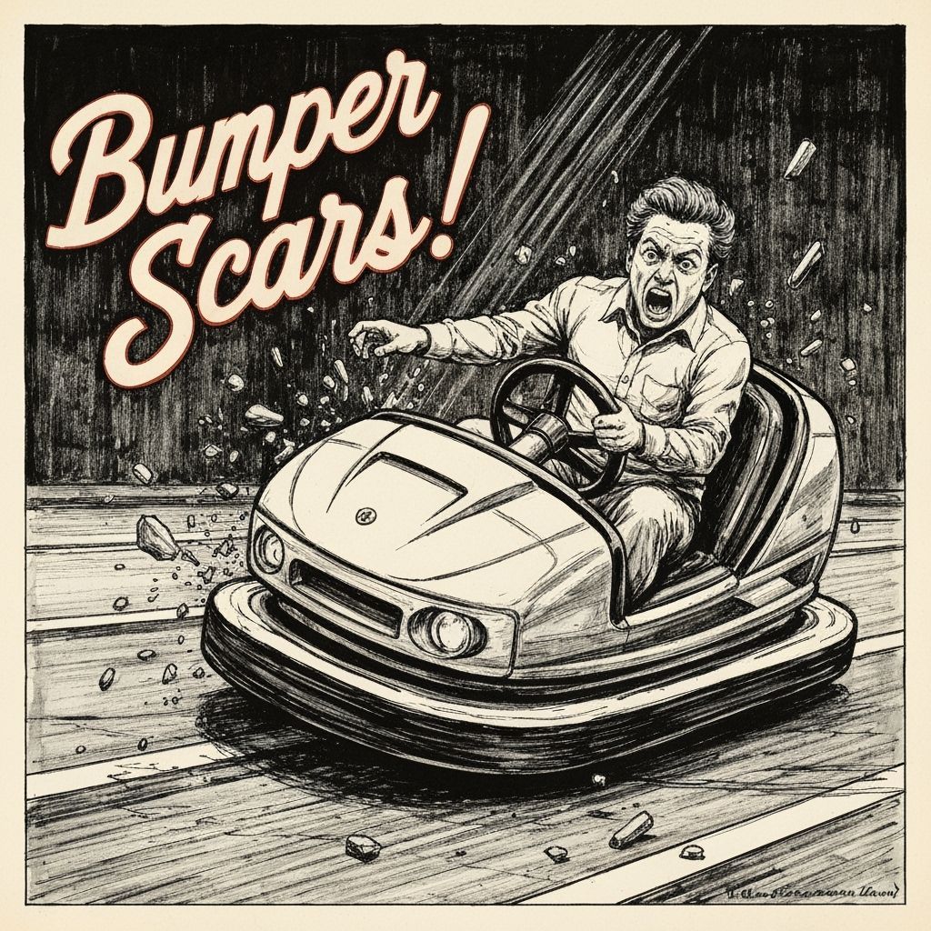 Bumper Car Crash: Vintage-Style Ink Painting