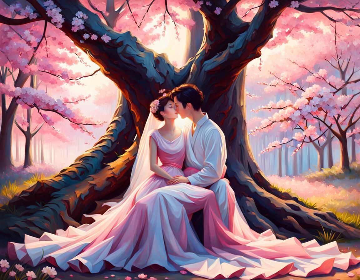 Romantic Couple Beneath Cherry Blossoms, Matte Oil Painting