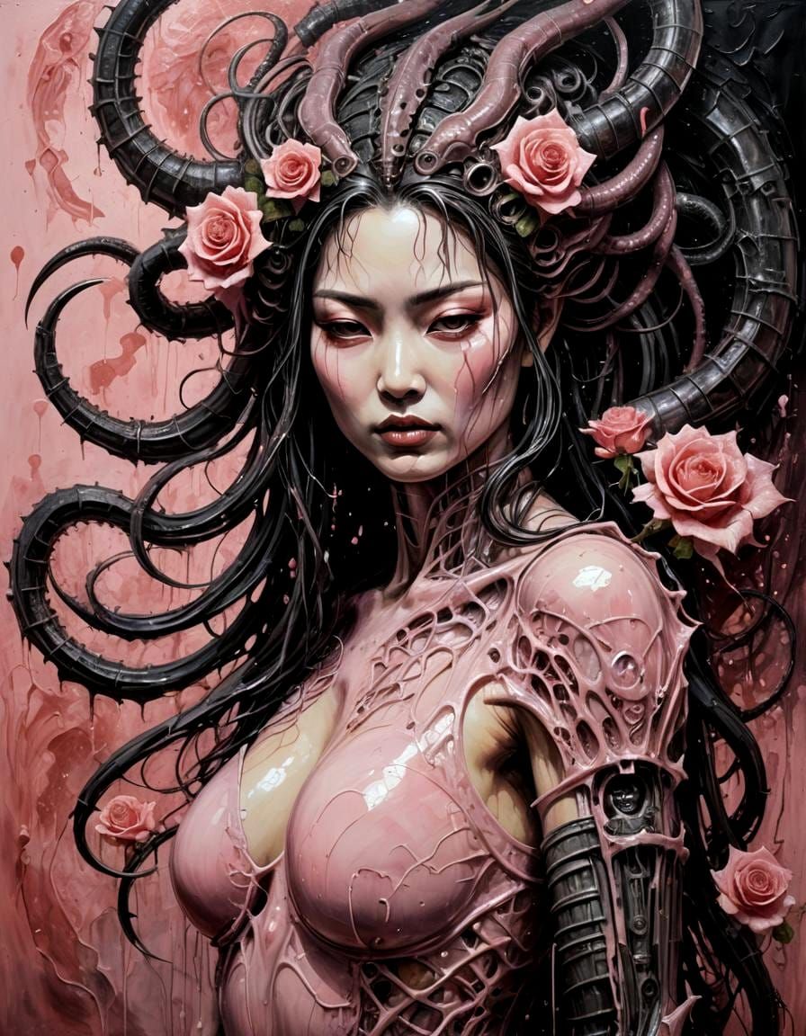 Japanese Woman in Rose Tinted Oil Painting