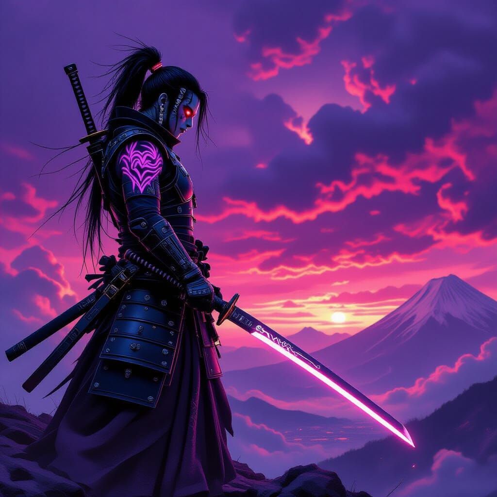 Goth Samurai Warrior on Mountaintop in Cyberpunk Style