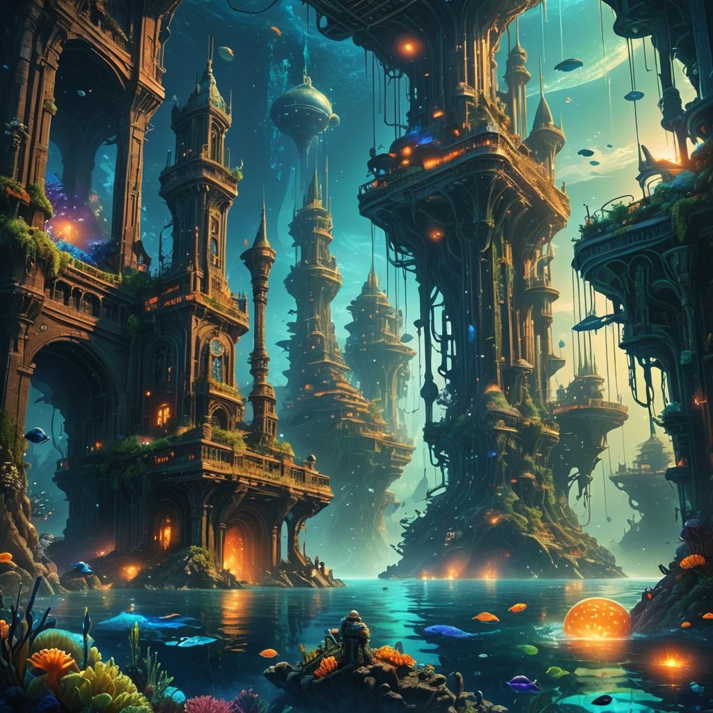 Colossal Underwater City with Bioluminescent Life
