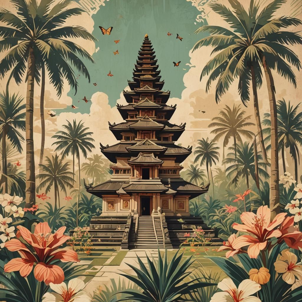 Bali Temple Vintage Travel Poster Art