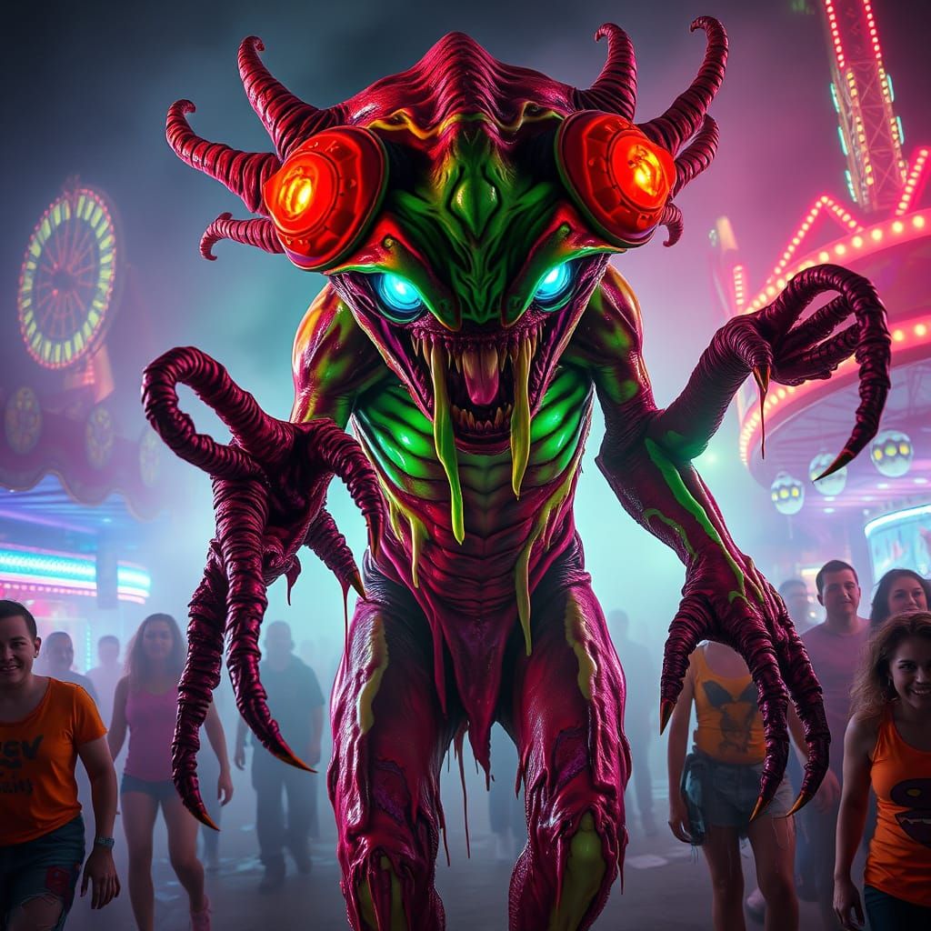 Surreal Carnival Nightmare in Neon Hues and Glowing Fog