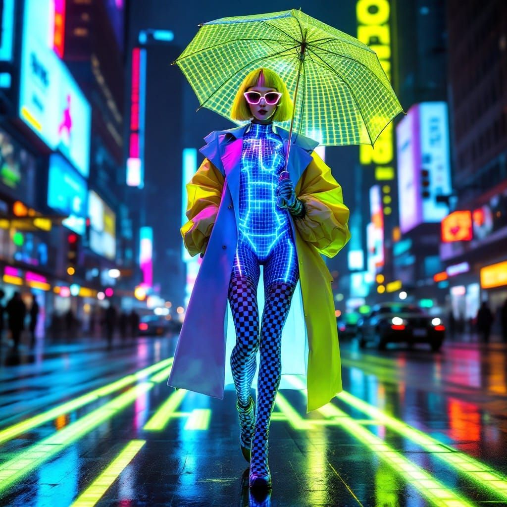 Cyberpunk Fashion Model on Glowing Runway