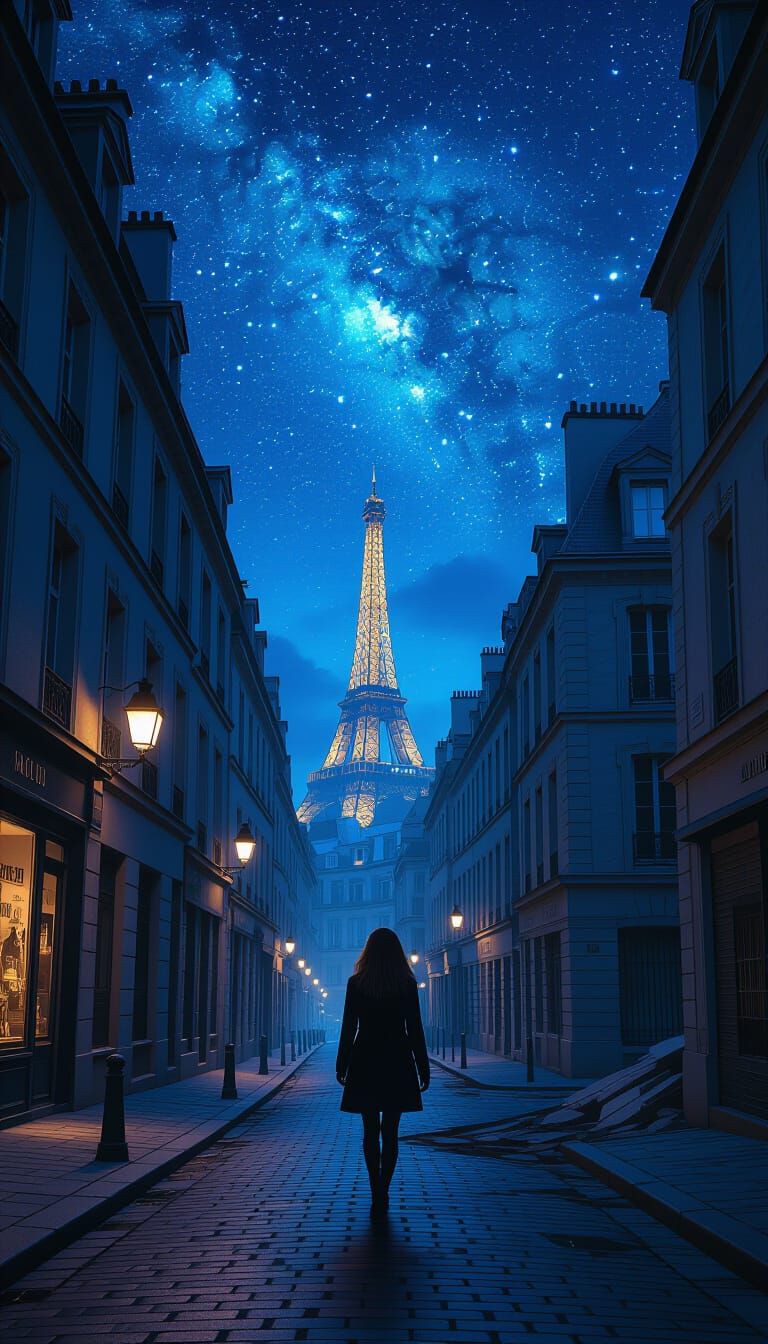 Deserted Paris Under Starry Sky, Detailed Matte Painting