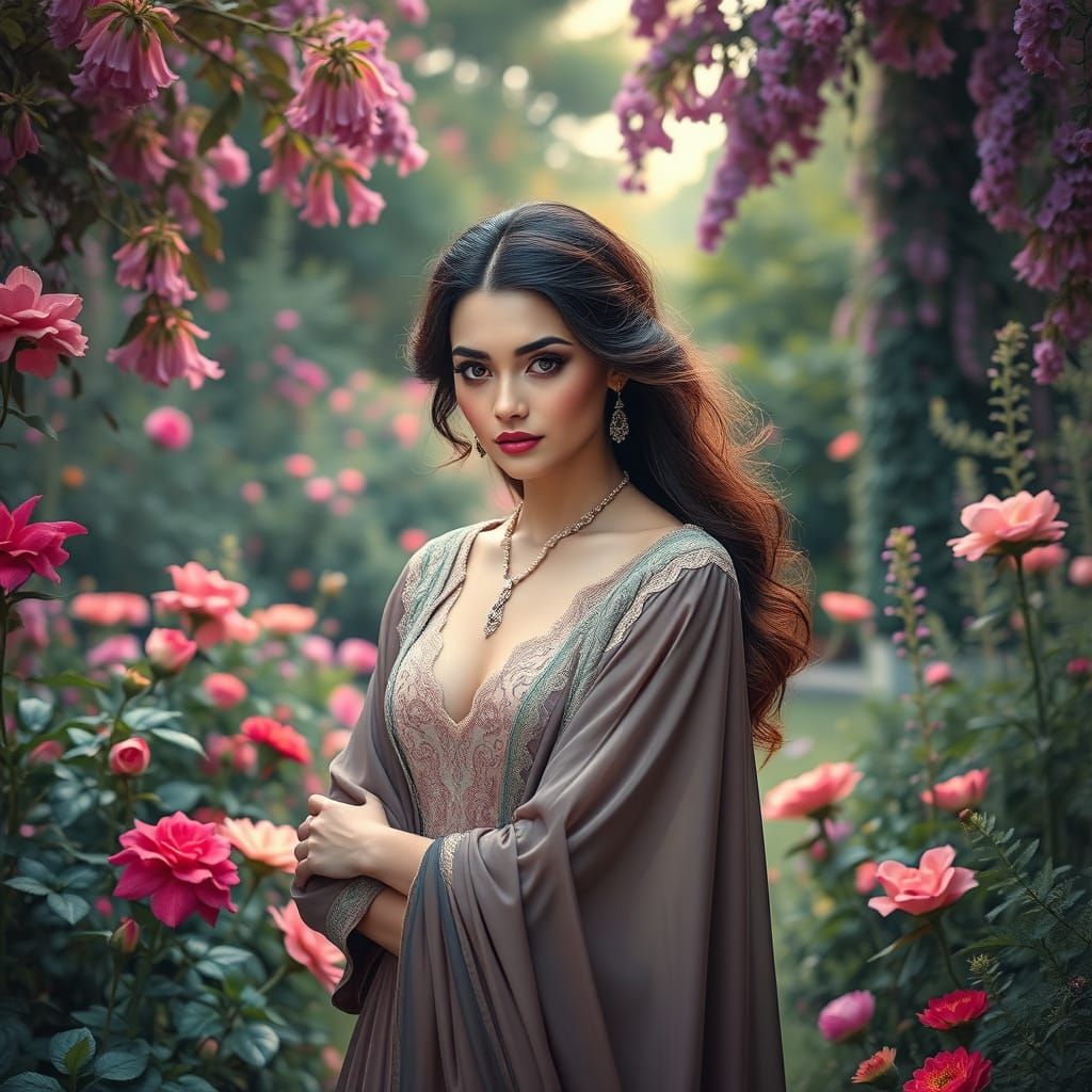 Elegant Woman in Garden, Art Nouveau Style