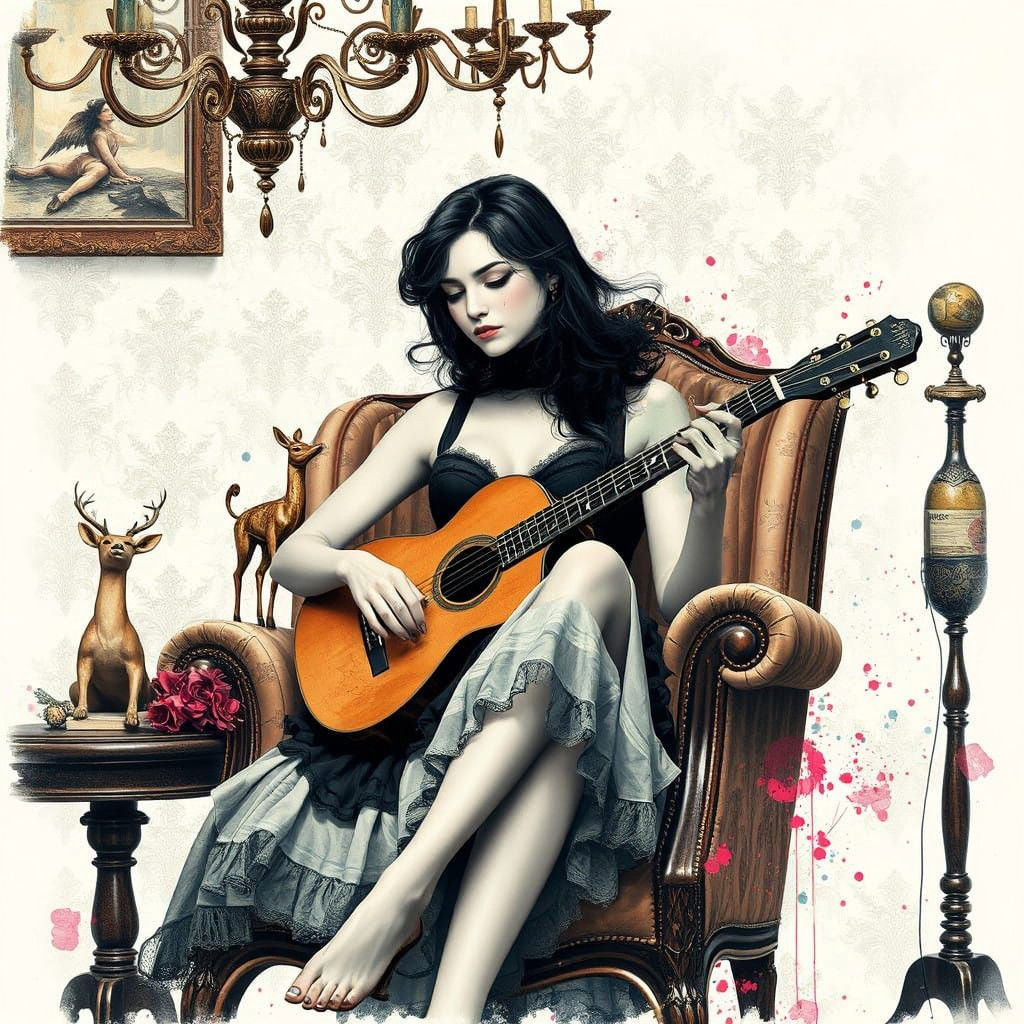 Surreal Portrait of a Woman in an Armchair, Playing Guitar,...