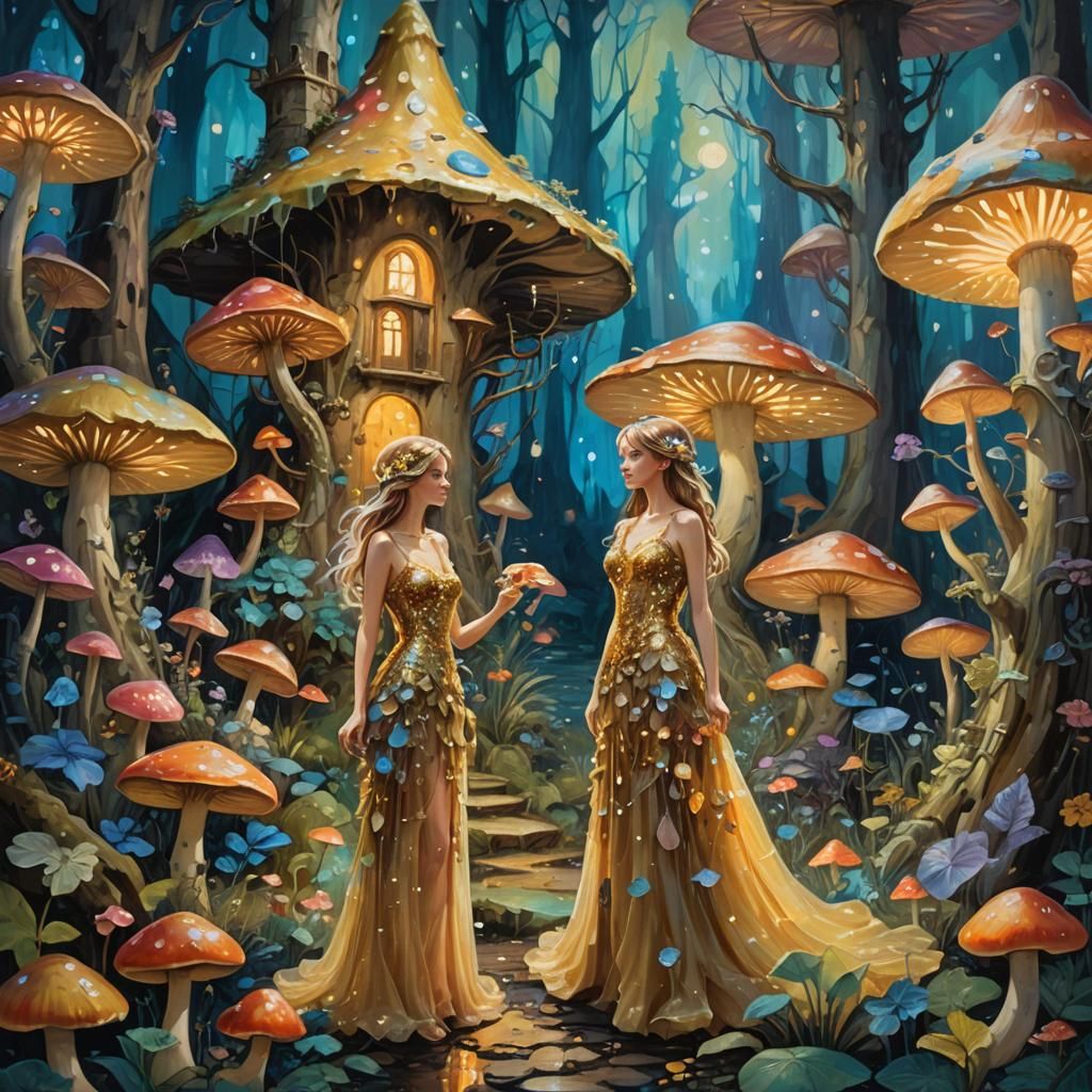 Fairy by Mushroom House, Neo-Impressionist Oil Painting