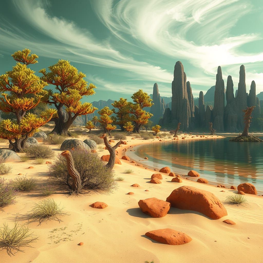 Serene Alien Lakefront with Iridescent Trees and Basalt Form...