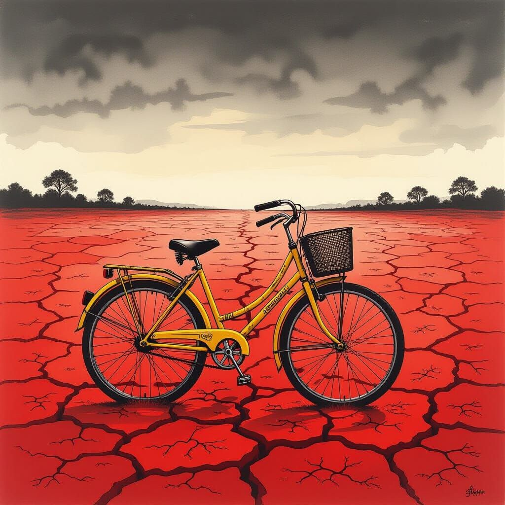 Desolate Landscape with Bicycle: East Indian Ink Drawing