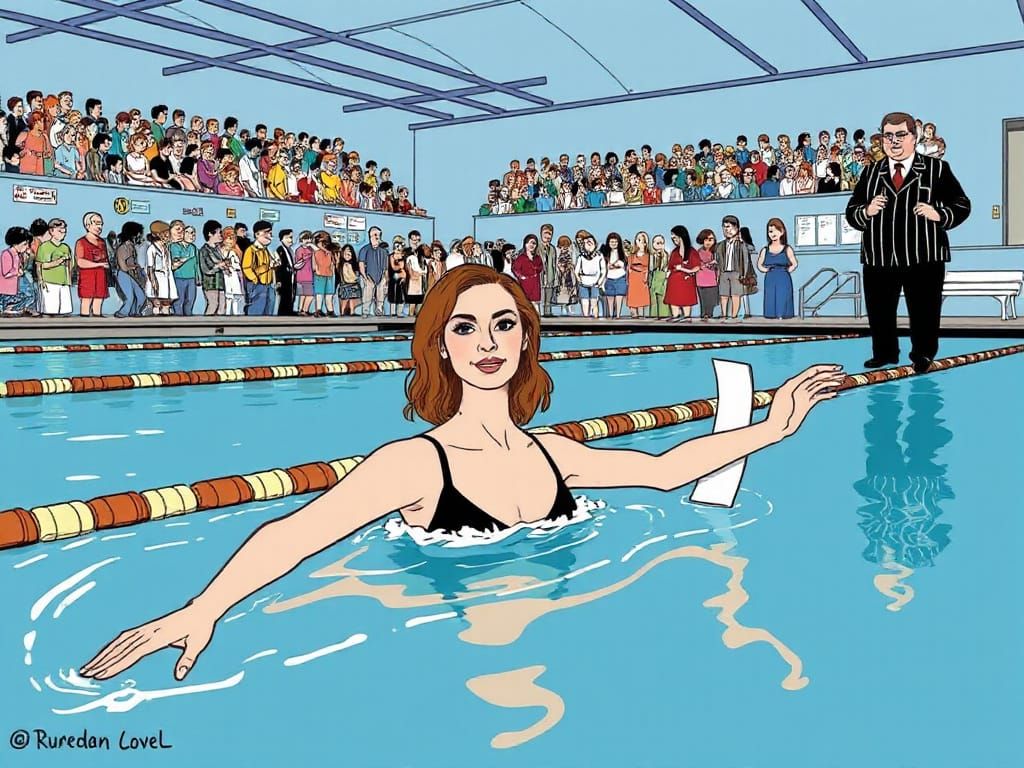 Humorous Swimming Pool Scene in Caricature Style