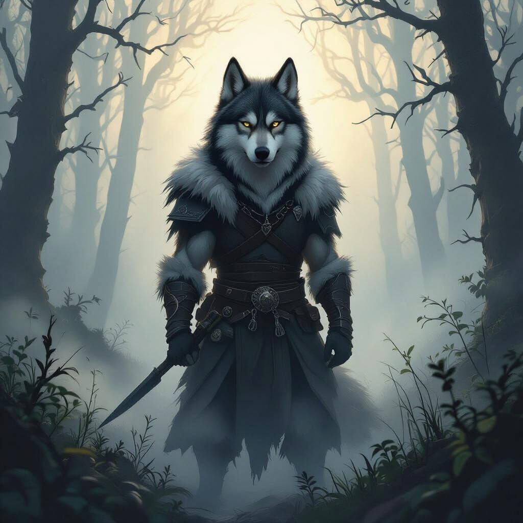Husky Dogman Warrior in Mystical Forest