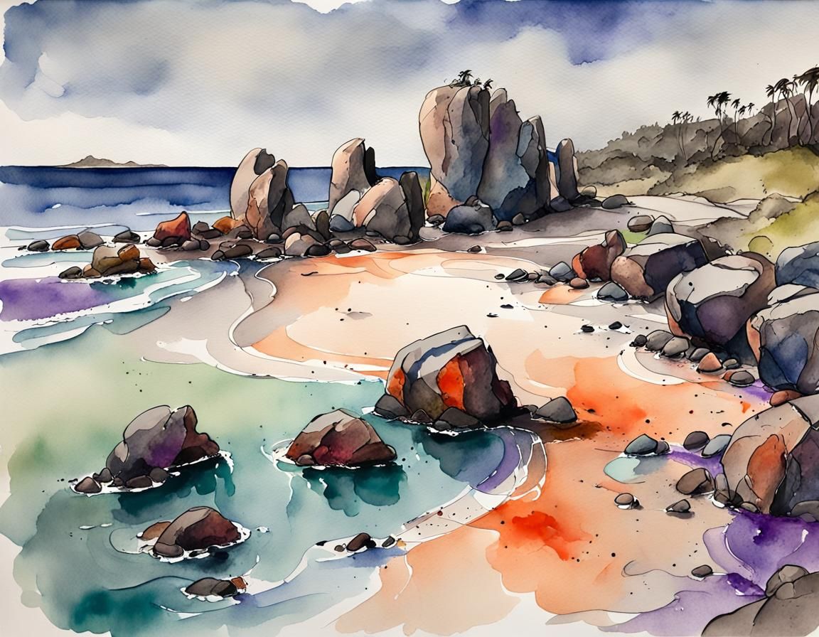 Australian Beach: Watercolor Painting in Quentin Blake Style