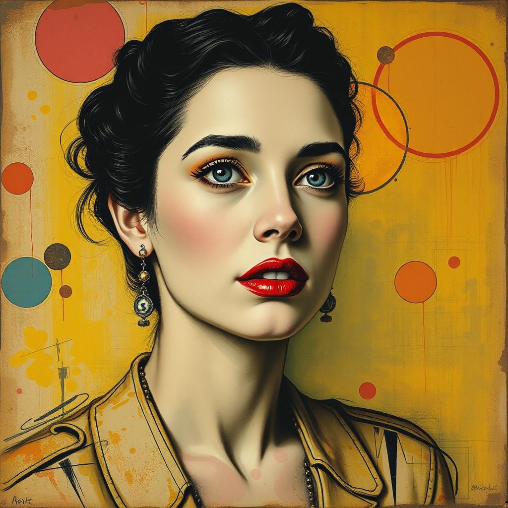 Vintage Portrait of Woman in Circular Cubism Style