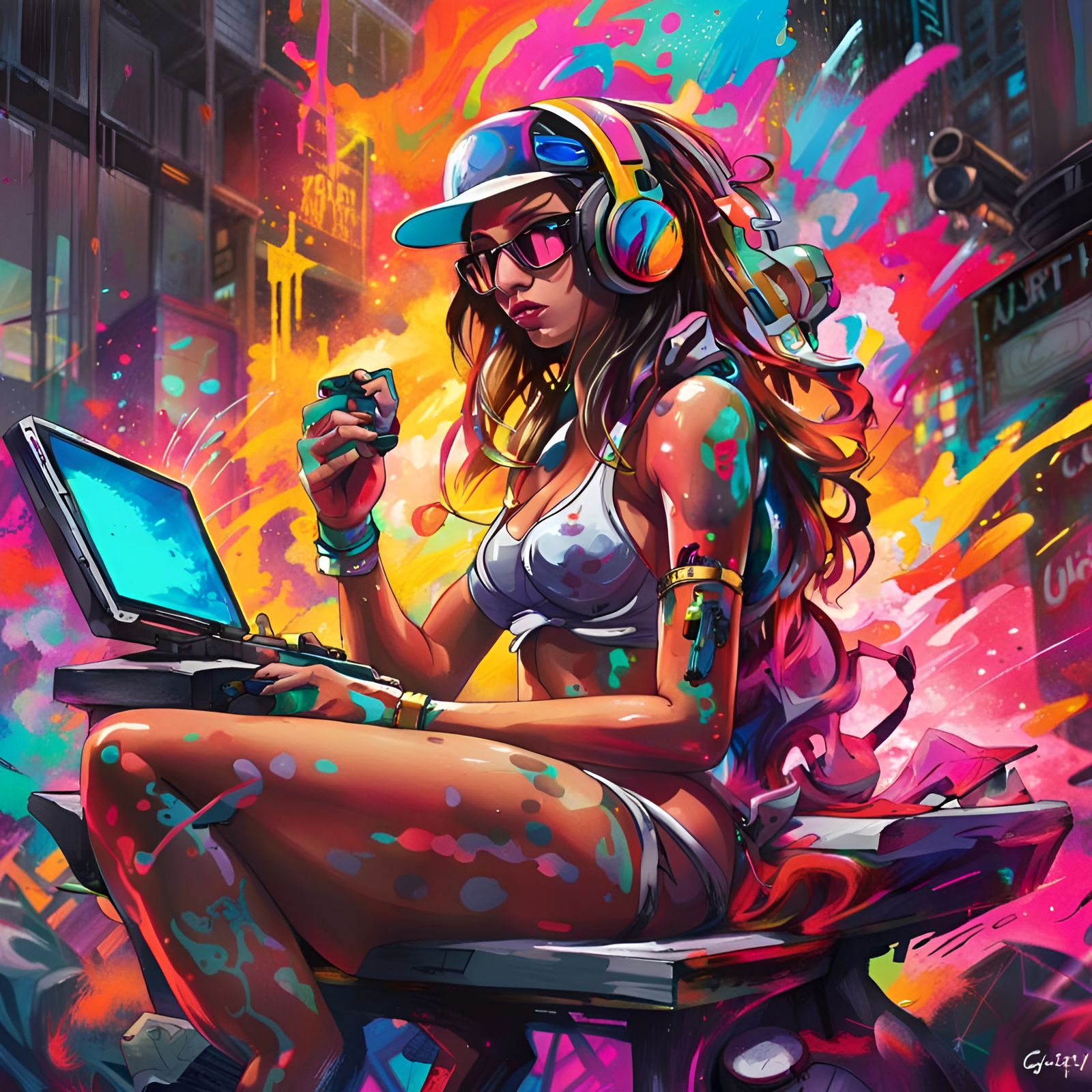 Bikini Gamer with RGB Setup in Graffiti Art Style