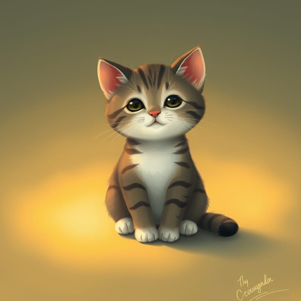 Adorable Kitten in Whimsical Folk Art Style