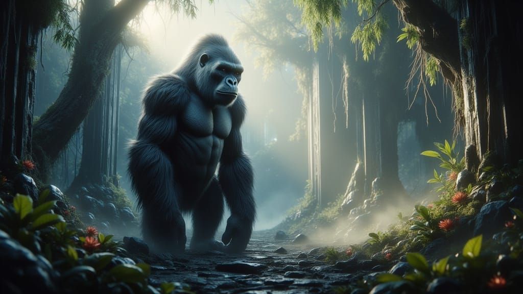 Majestic Silverback Gorilla in Misty Jungle Ruins