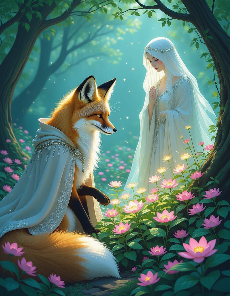 Moonlit Fox Tending Bioluminescent Garden