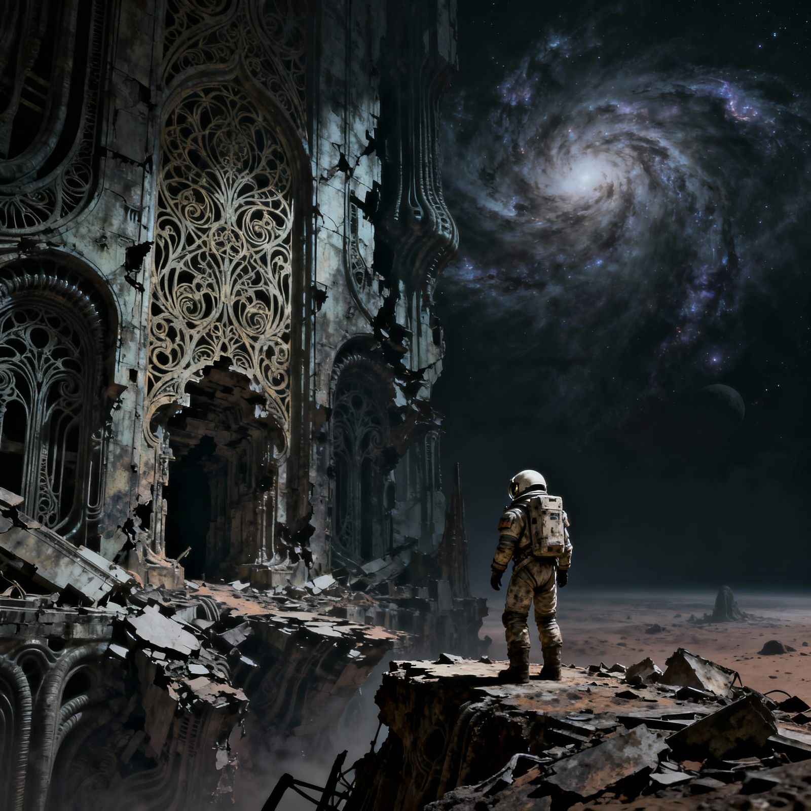 Astronaut in Alien Ruins Under Nebulae Sky