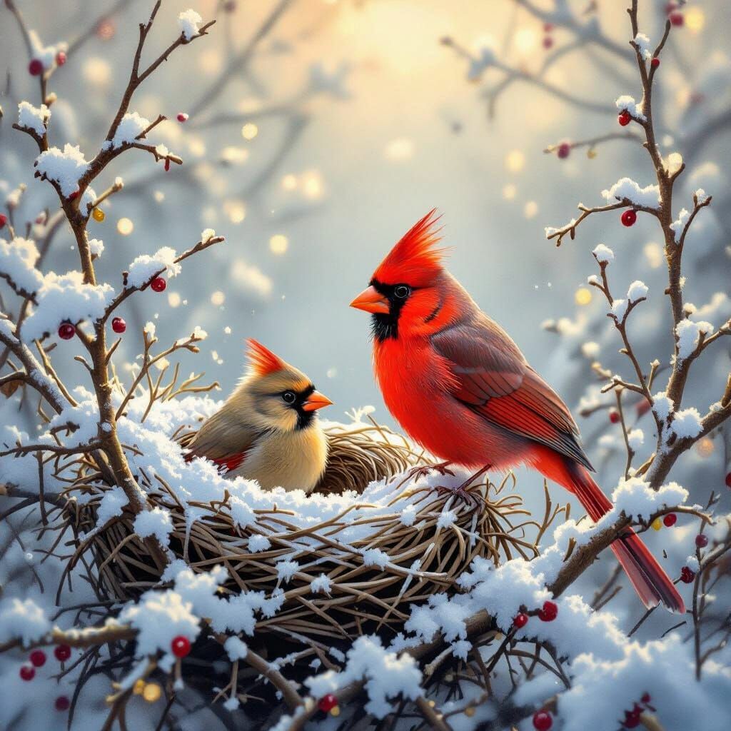 Cardinal in Winter Thicket, Thomas Kinkade Style