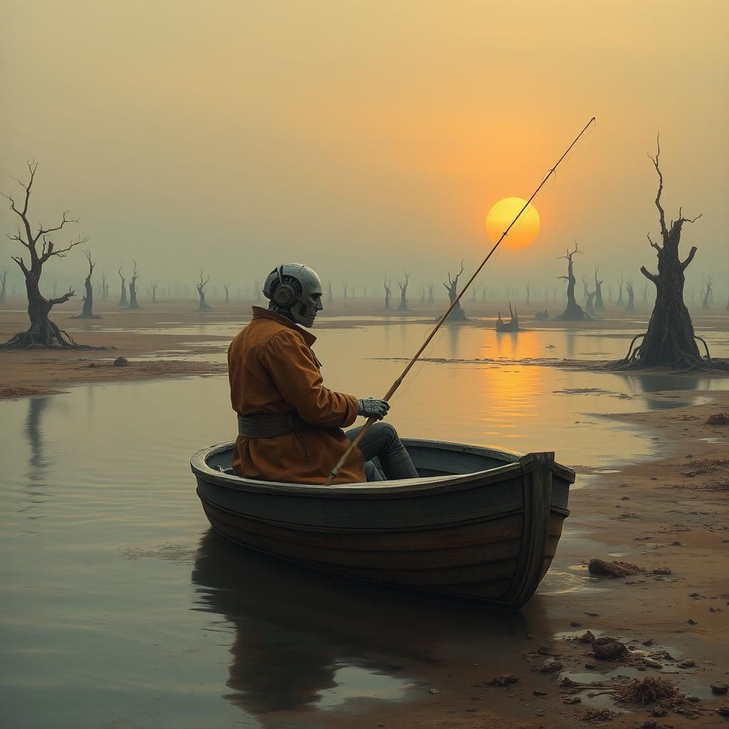 Robot Fisherman in Wasteland Lake: Oil Painting