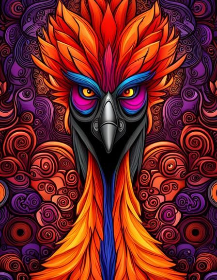COLORING PAGE_ BLACK ROOSTER_  PURPLE_  ABSTRACT  BLUE EYES_ _CYBER PUNK (MIDNIGHT) ORANGE  AND BLOOD RED, splash arts, ...