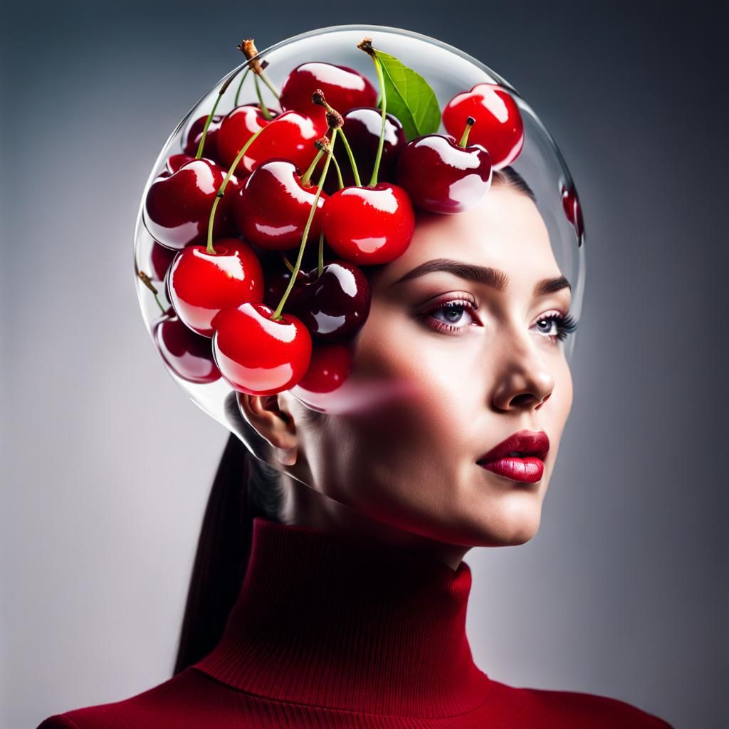Cherries Double Exposure: Hyperrealistic Portrait