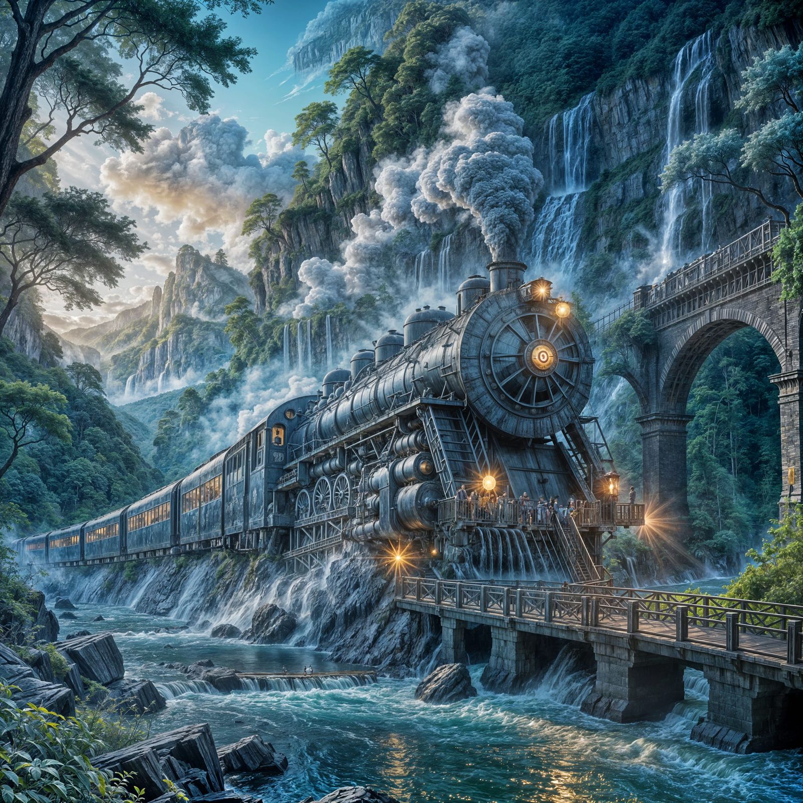 Fantasy Steam Train Crossing Bridge in Dramatic Landscape Pa...