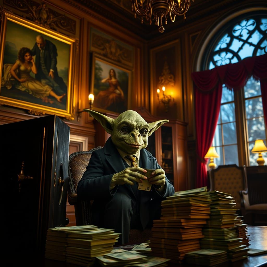 Gringotts Goblin Counting Euros in Victorian Manor