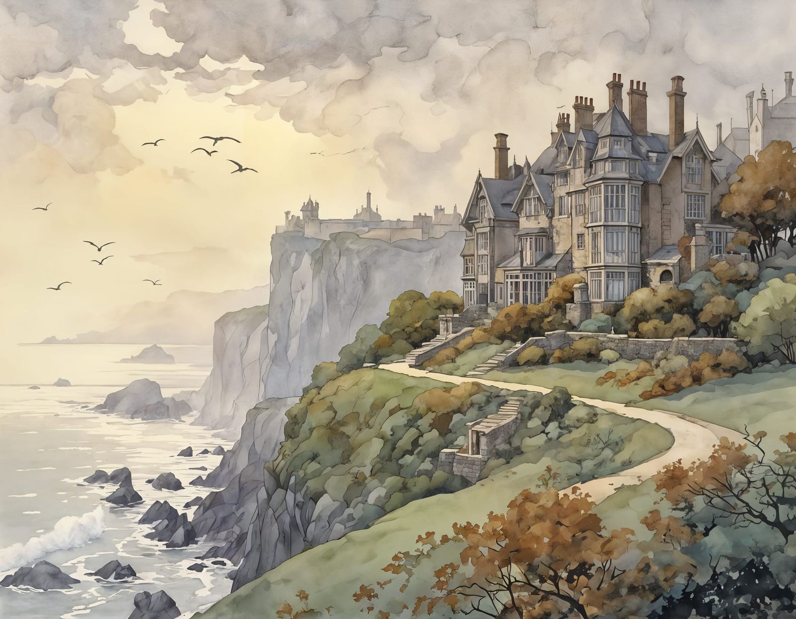Regal Tudor Mansion Overlooking Foggy Cornish Coast