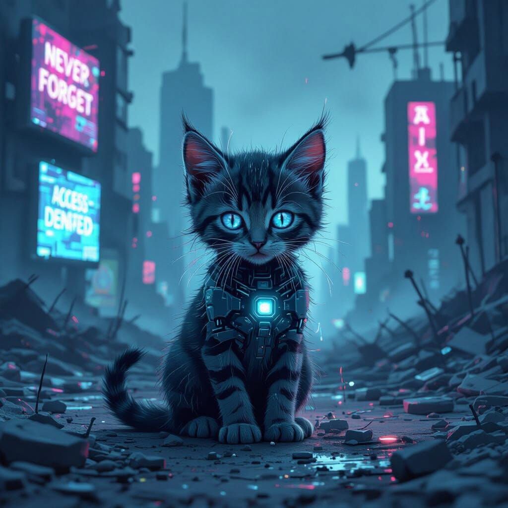 Glitching Kitten in Ruined Digital City