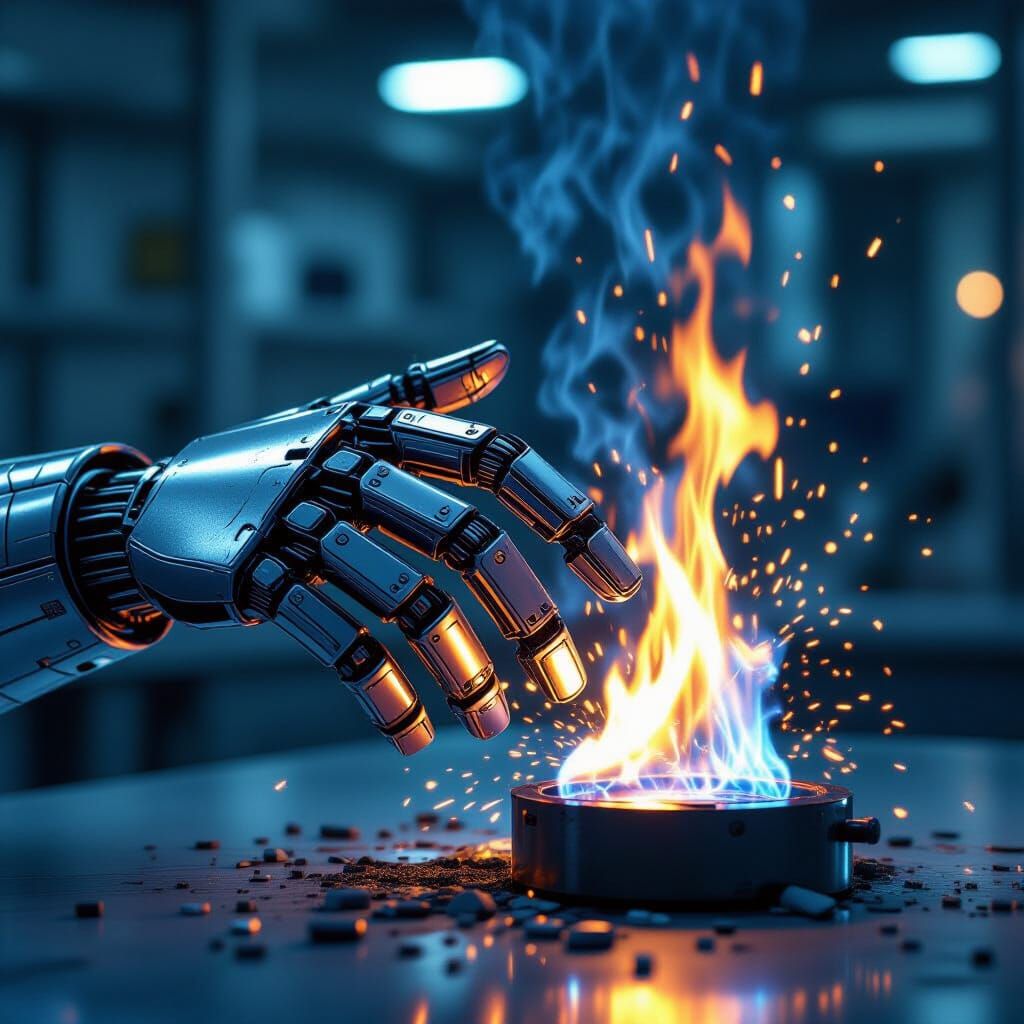 Robotic Hand Melts Under Bunsen Burner Flame