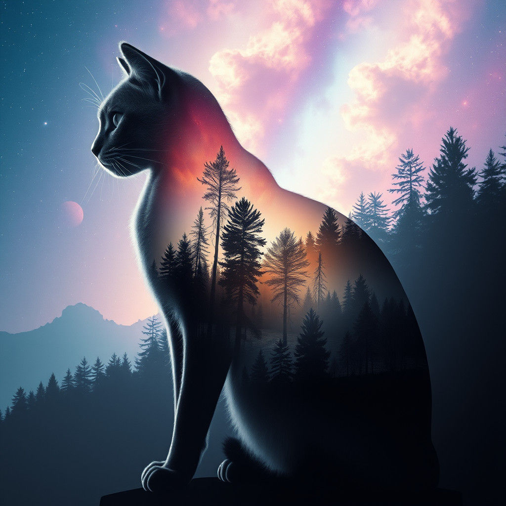 Mystical Cat Double Exposure: Forest and Nebula
