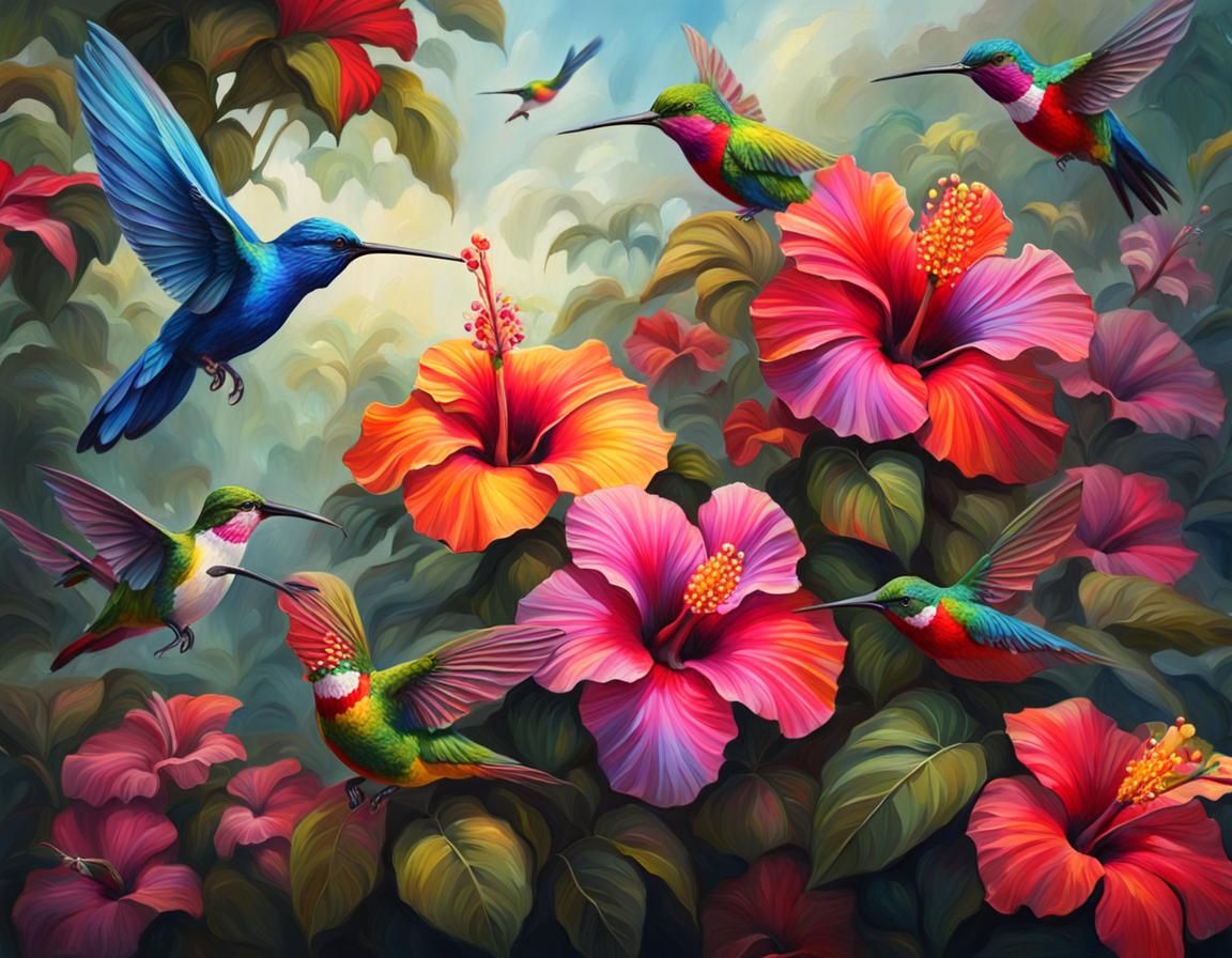 Hibiscus and Hummingbirds: Detailed Oil Painting