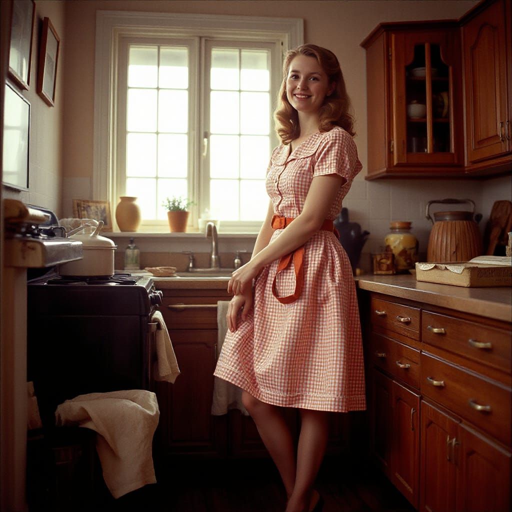 Vintage Housewife in Gingham Dress, Doing Chores in a Cinema...