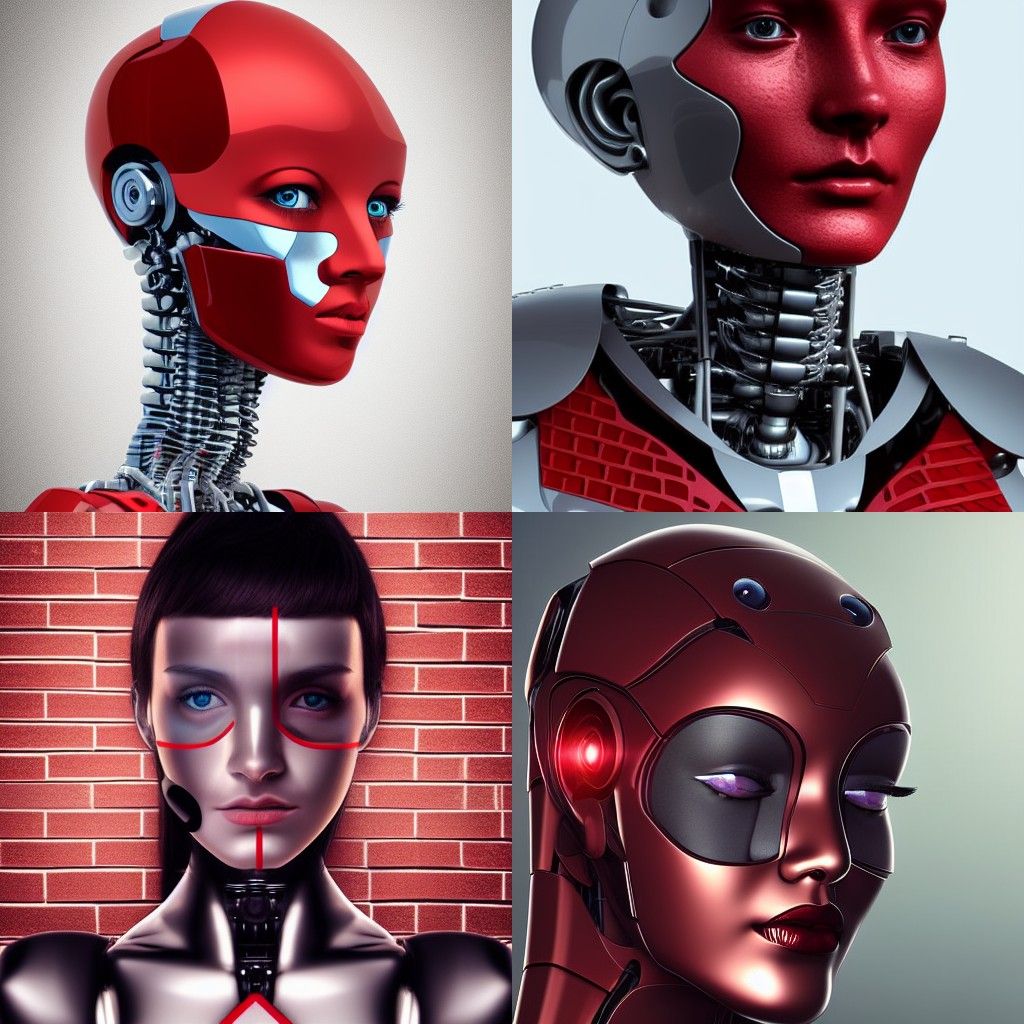 robot with human face, female head with red brick, woman human face, human face realistic, human head, cyborg frame conc...