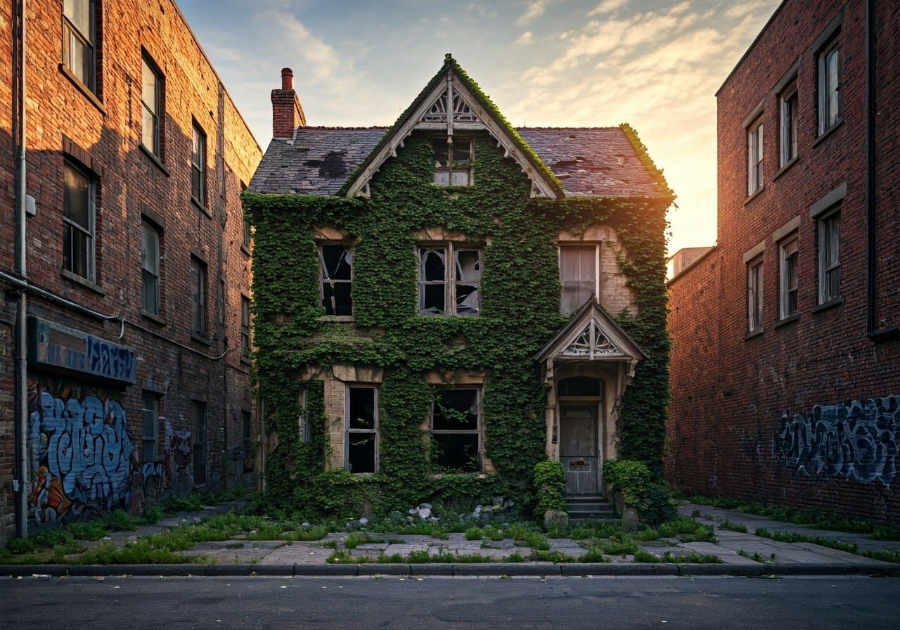 Dilapidated Victorian Cottage in Golden Light