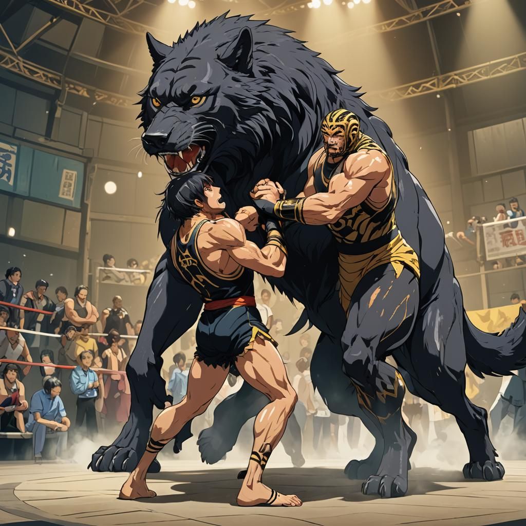 Wolf vs Tiger Wrestling Match in Anime Style