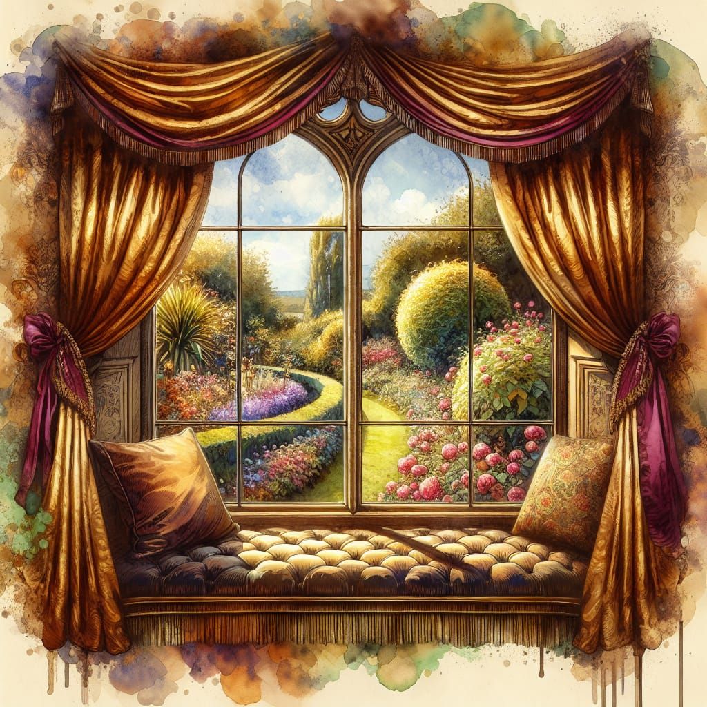 Bay Window View with Velvet Curtain in Watercolor Style
