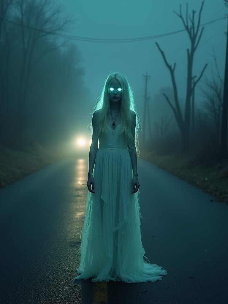 Eerie Bioluminescent Ghost Girl on Desolate Road