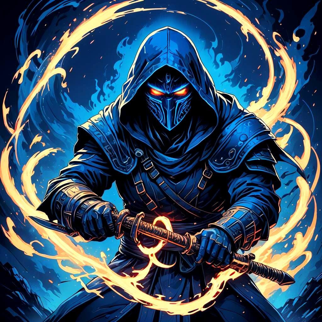 Monochromatic Blue Warrior Conjures Fire in Neon Style