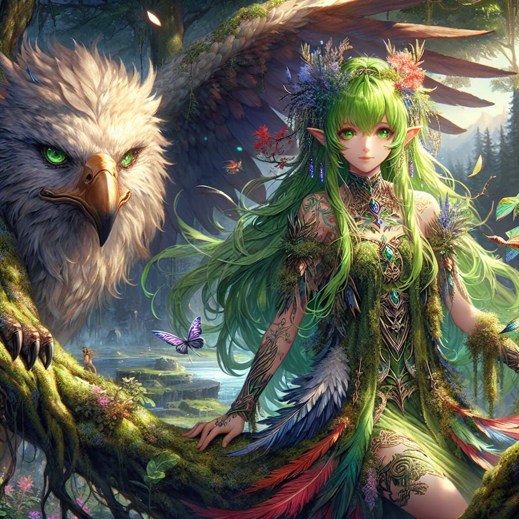 Anime Druid Girl with Griffin in Fantasy Forest