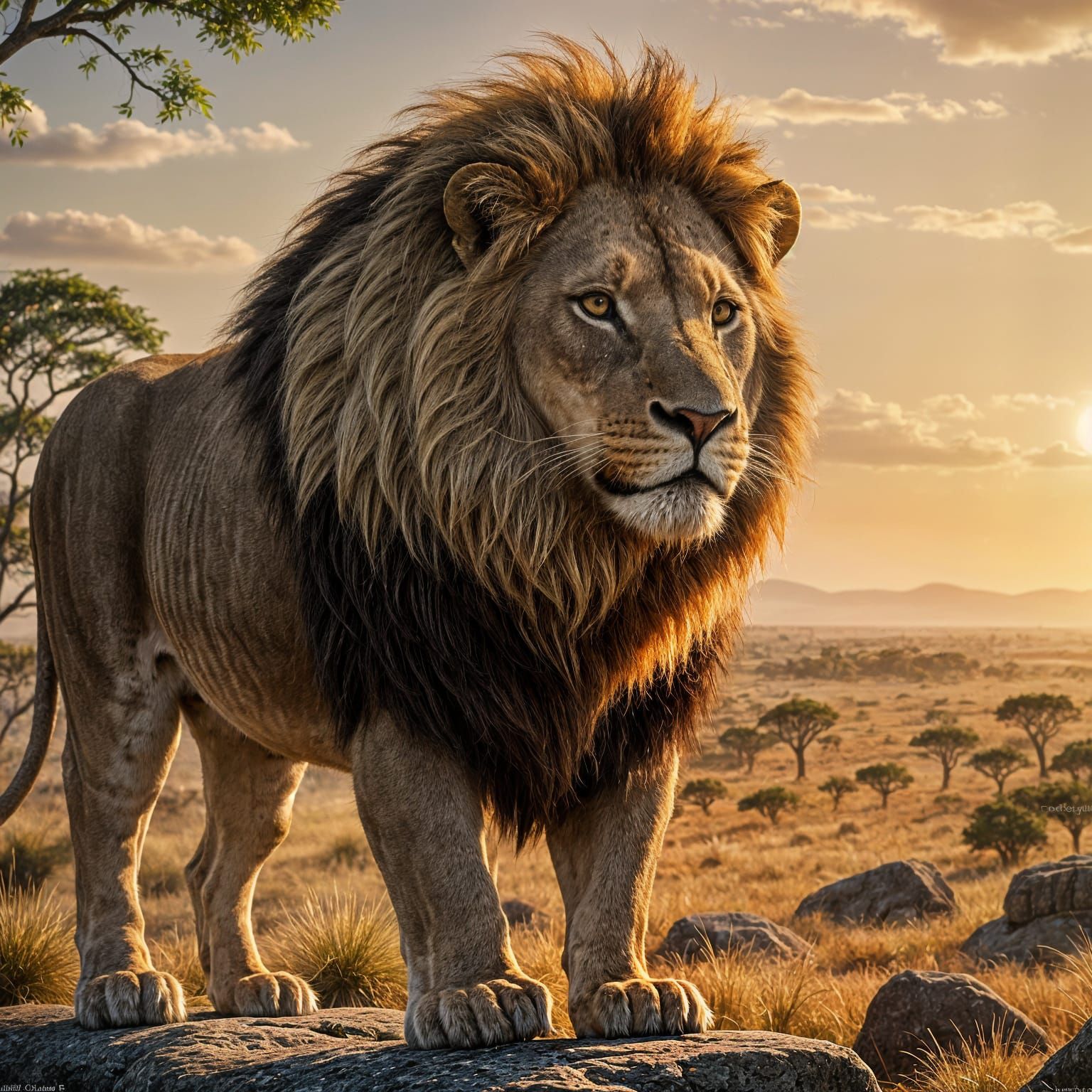 Golden Lion on Cliff in Vibrant Sunset Savanna
