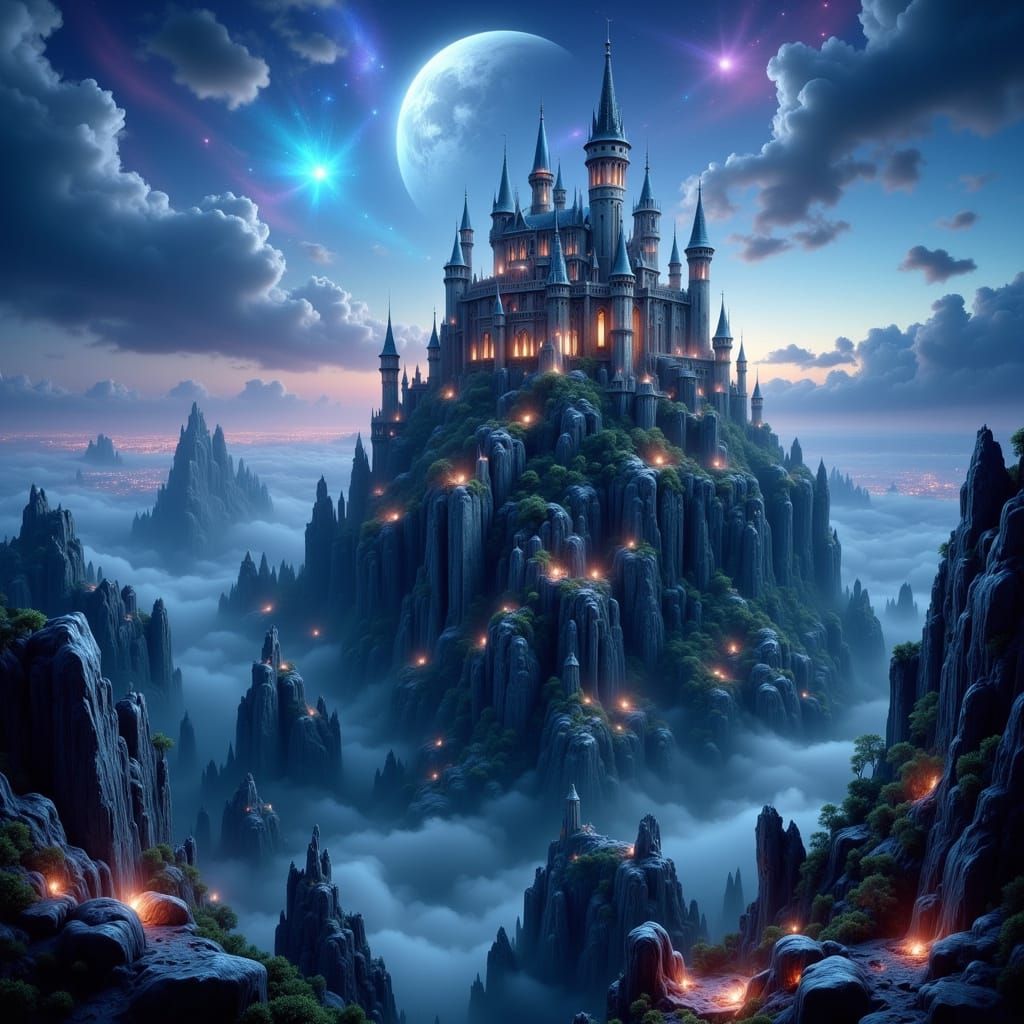 Ancient Castle on Misty Mountain Peak in Twilight