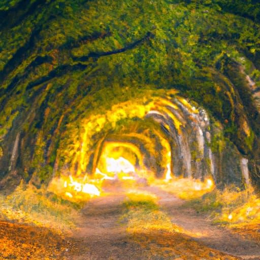 A long shot of a large tree tunnel made out of gold and old trees. A canopy of trees that are woven in the sky at sunset...