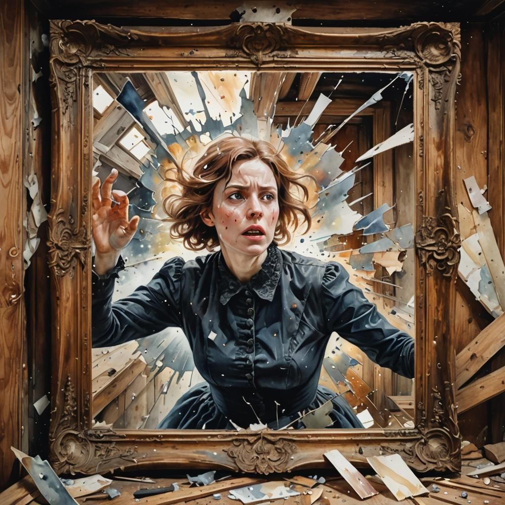 Woman's Reflection in Shattered Mirror, Abstract Watercolor