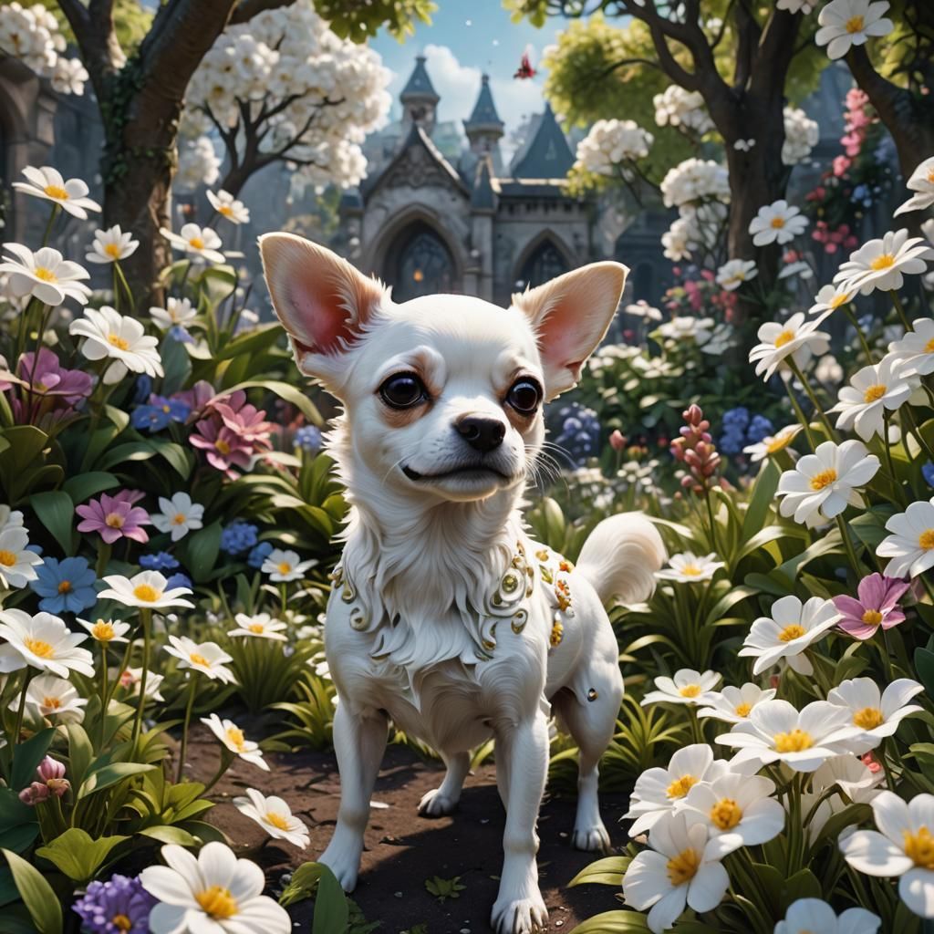Mini White Chihuahua in a Floral Garden